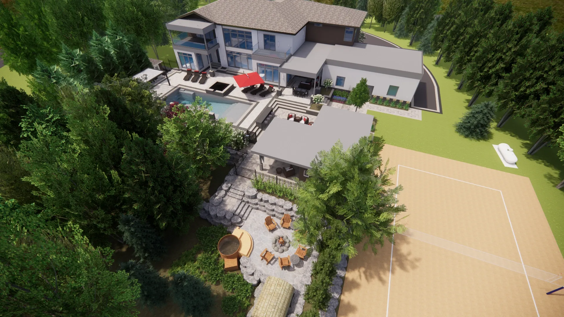 Photorealistic aerial landscape design with a pool, terraces and outdoor rooms