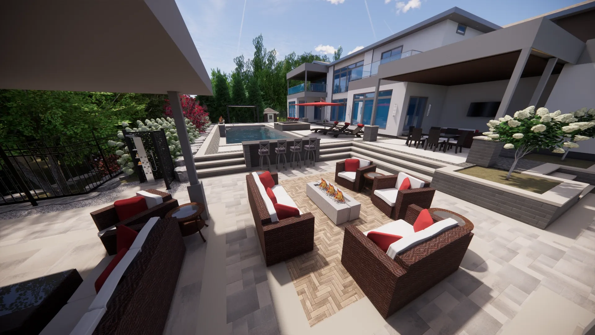 Photorealistic fire patio and pool design study