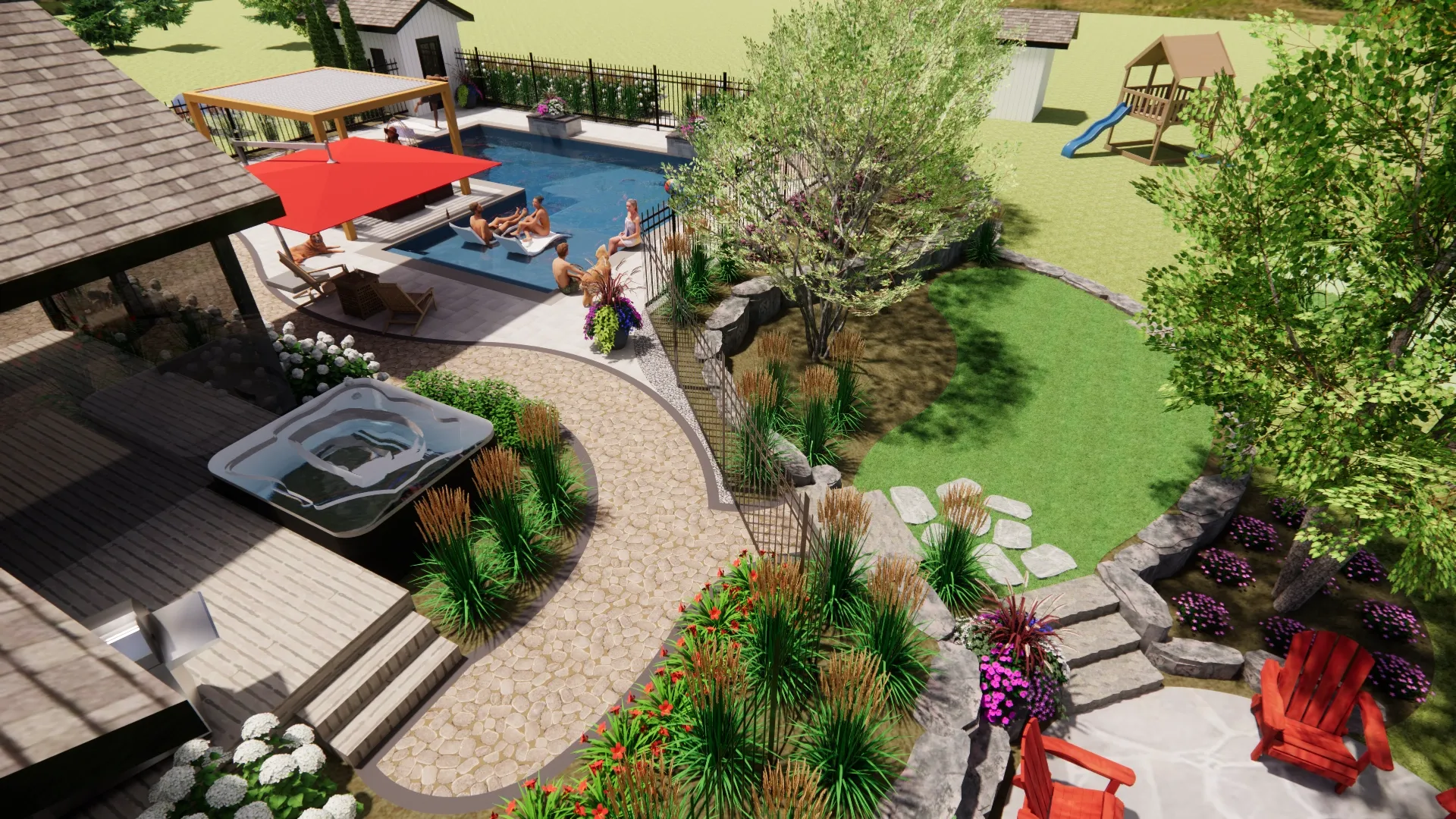 Garden and pool design study viewed from above