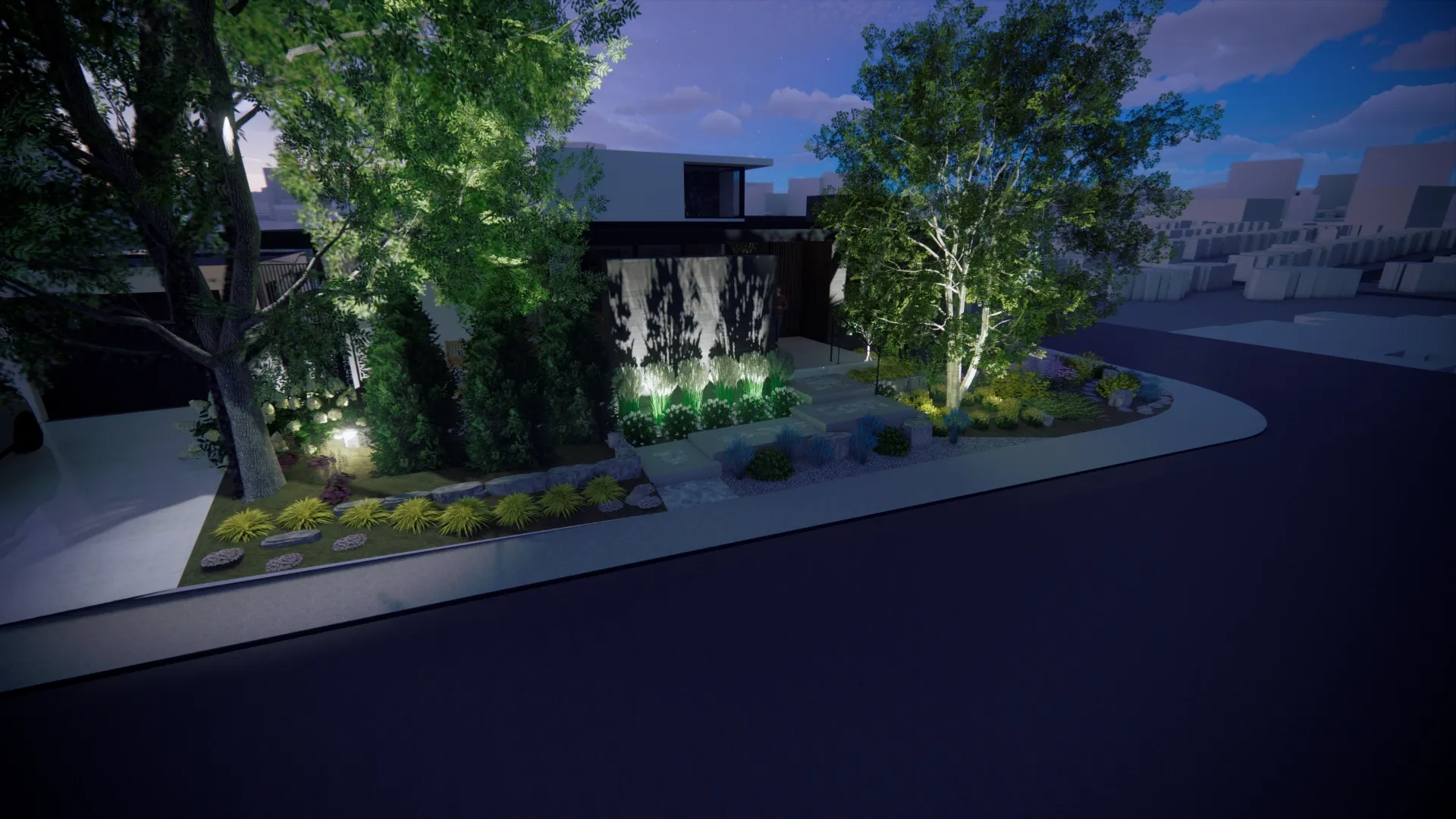 Photorealistic night study of a water-wall garden